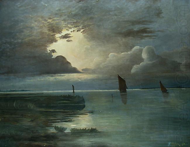 Sonnenuntergang am Meer mit aufziehendem Gewitter, Andreas Achenbach